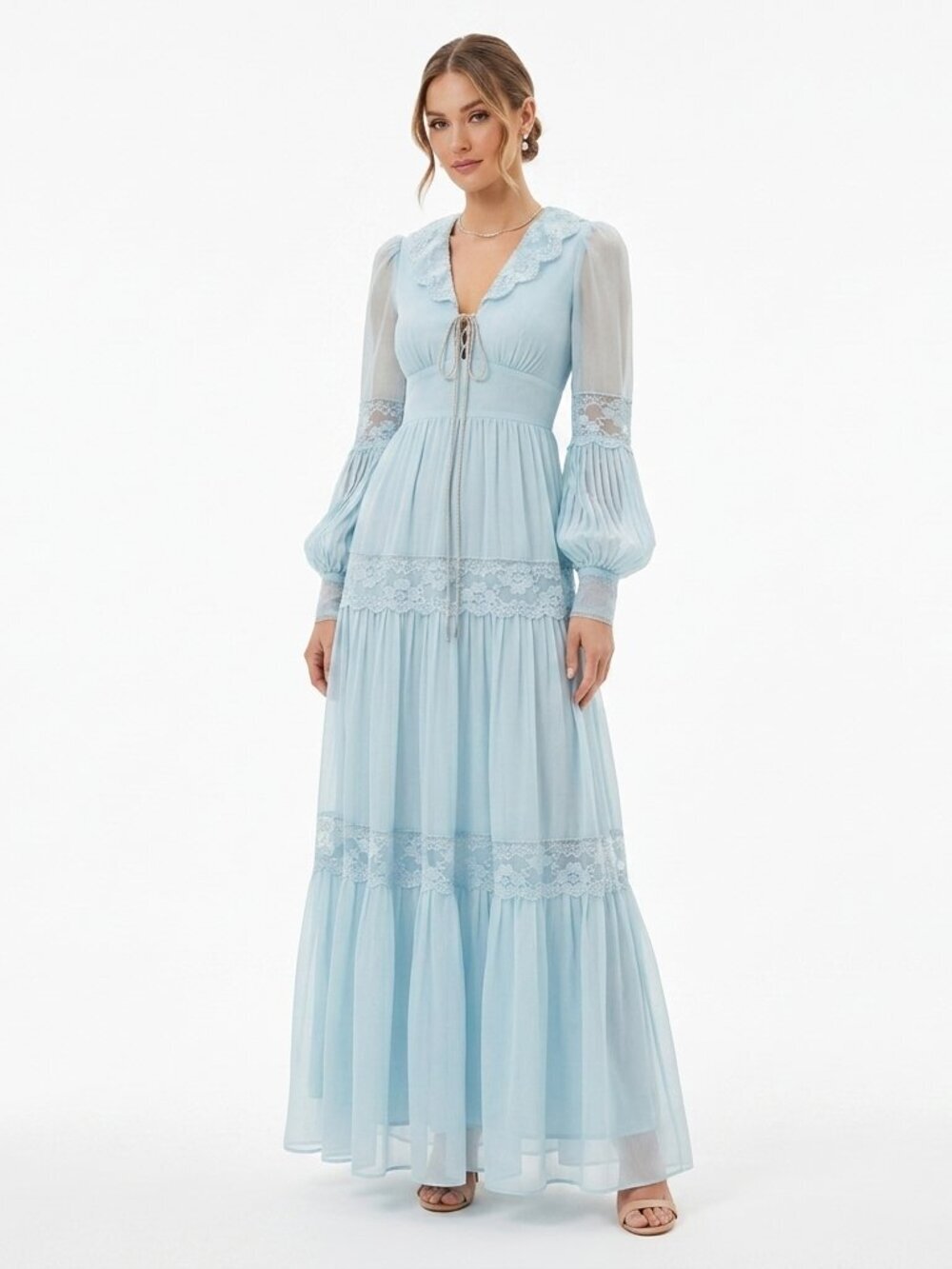 VINTAGE 70s Gunne Sax Blue Lace Long Maxi Prairie Boho Dress Sz XS